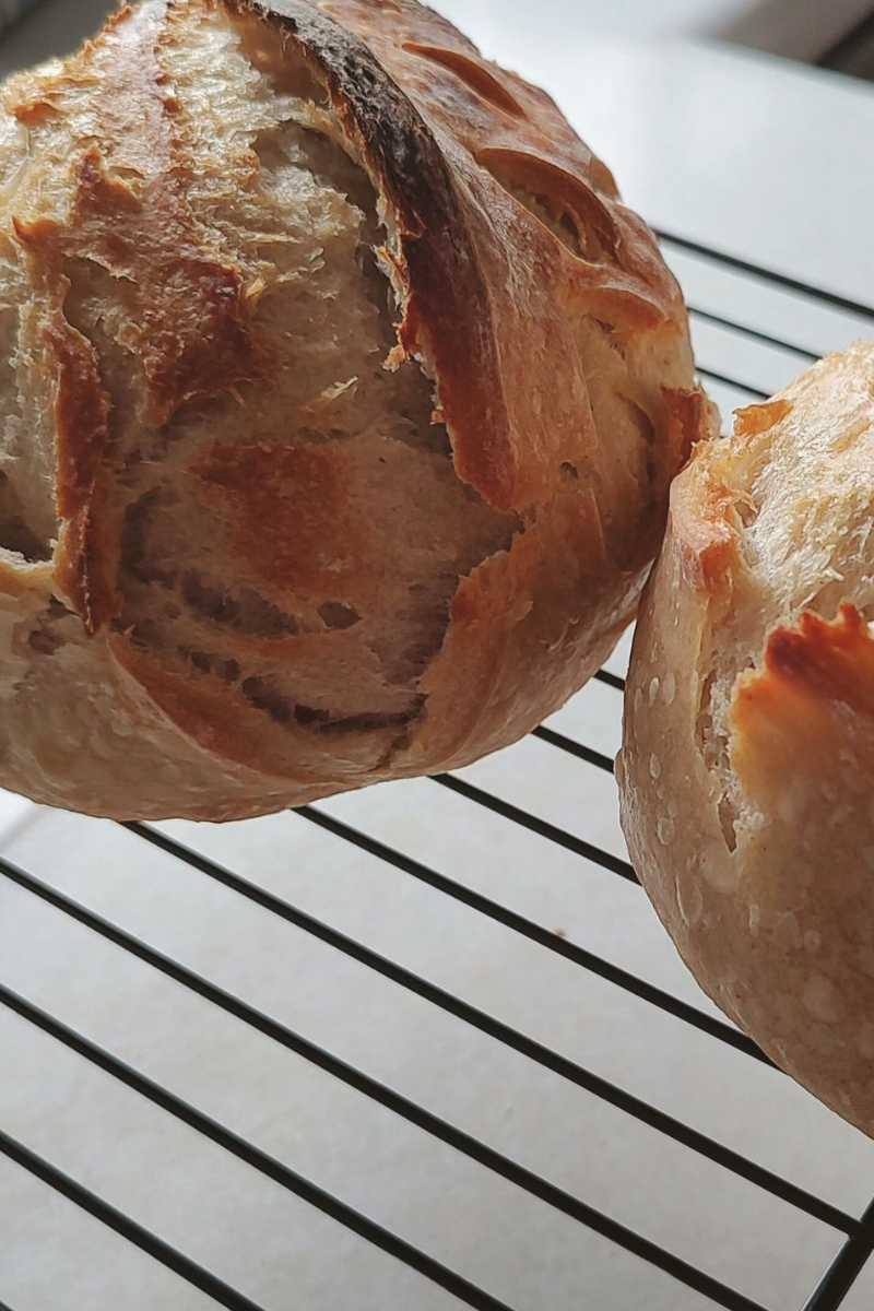 Two mini boules of sourdough bread on a cooling rack