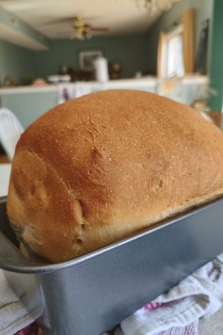 A sandwich loaf of bread in a metal loaf pan to help describe the woodwives folklore
